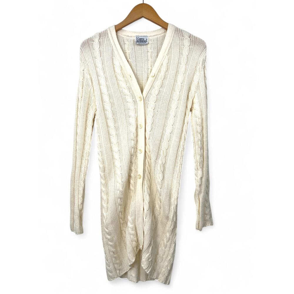 Knits Landing | M | VINTAGE 80's Cream Cable Knit Long Line Cardigan Sweater